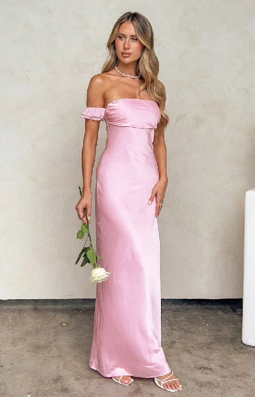 Floral cocktail dress-Elvira Pink Satin Formal Maxi Dress