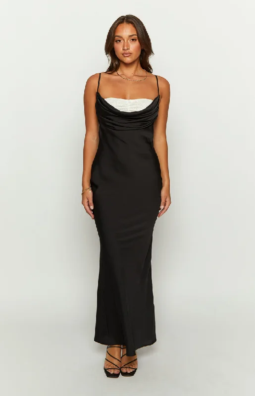 Ruched satin dress-Evelyn Lace Detail Black Satin Maxi Dress