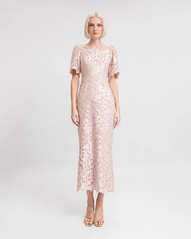 Tiered cocktail dress-Embroidered Satin Midi Dress