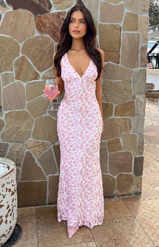 Bodycon velvet dress-Farida Pink Lace Maxi Dress