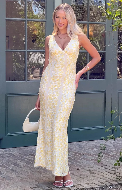 Lace sundress-Farida Yellow Lace Maxi Dress