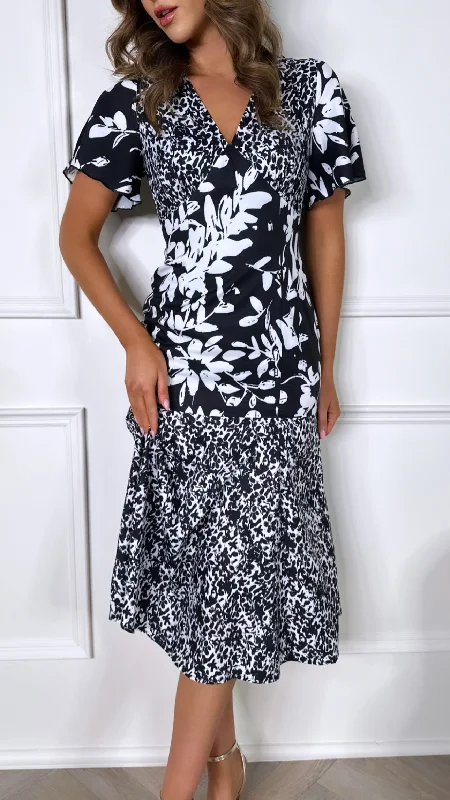 Off-shoulder sundress-Frieda Black and White Floral Tiered Midi Dress