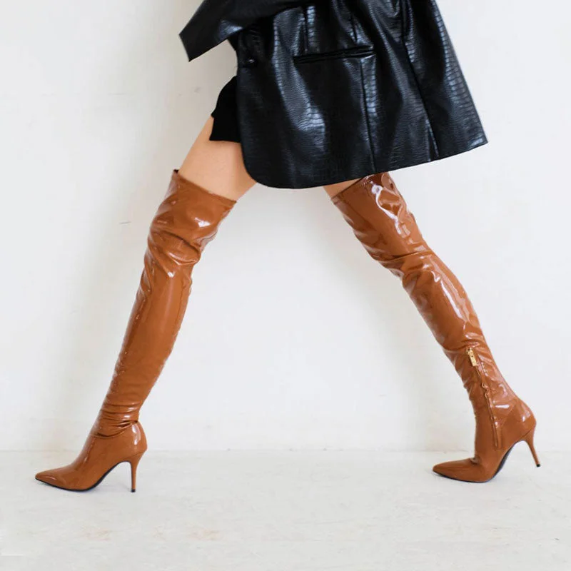 Women's chic Chelsea boots-Glossy Patent Leather Over Knee Pointed Toe Stiletto Boots - Caramel