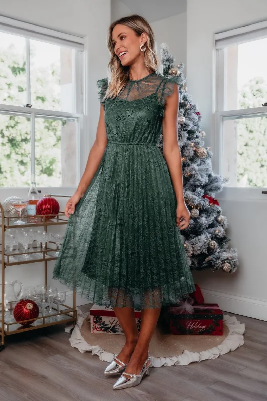 Polka dot sundress-Green Floral Lace Pleated Midi Dress