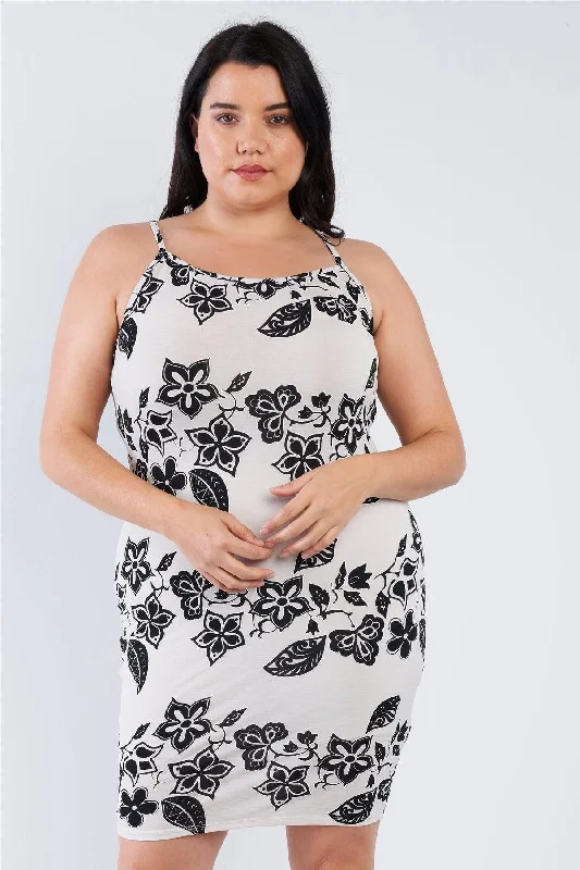 Satin cocktail dress-Plus Size Ivory Black Floral Basic Midi Dress