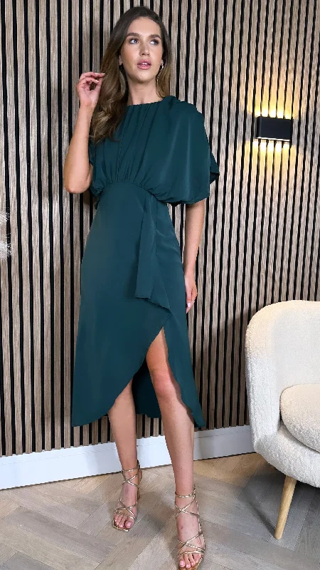 Velvet party dress-Jaelynn Teal Batwing Gathered Top Midi Dress