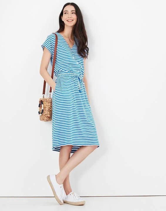 One-shoulder party dress-Joules Women's Kylie Drawstring Waist Jersey Dress - Blue Stripe