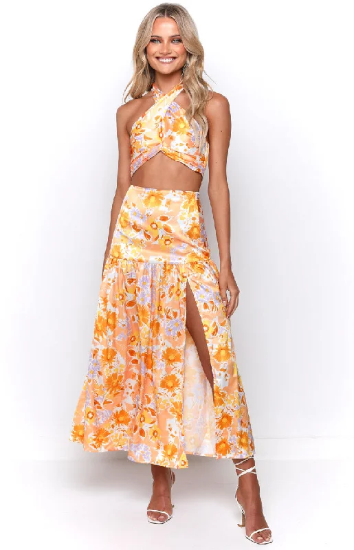 Navy cocktail dress-Juniper Orange Floral Maxi Skirt