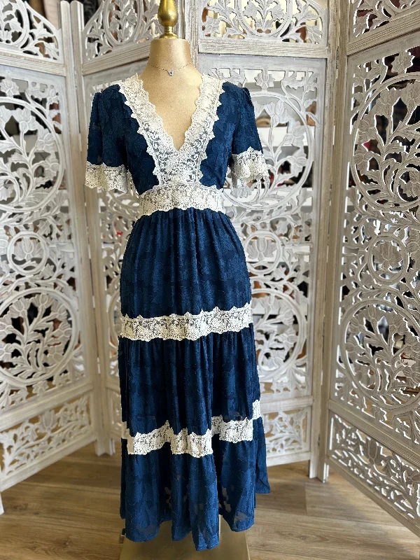 Off-white cocktail dress-Lace Trim Navy Maxi Dress- Not Stretchy