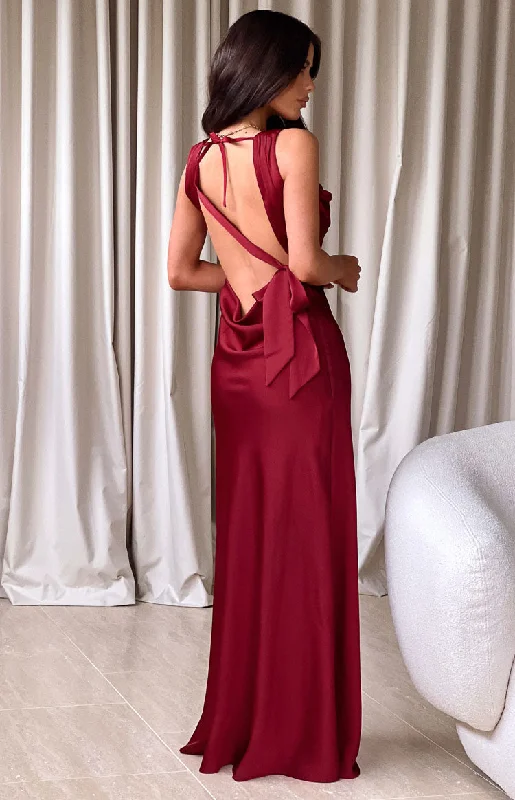 Corset cocktail dress-Laria Wine Satin Formal Maxi Dress