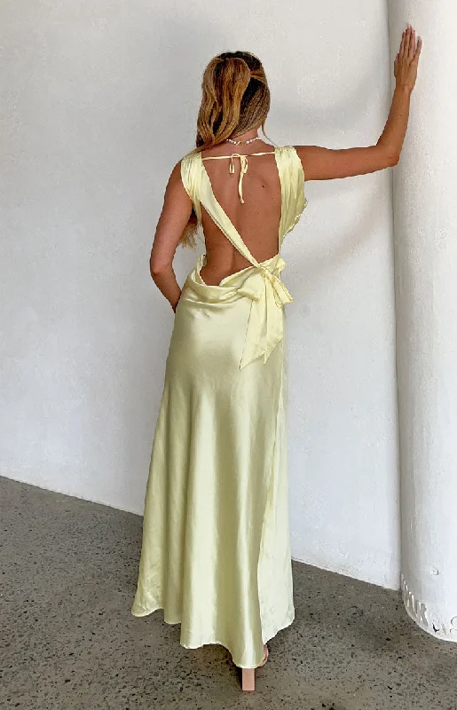 Velvet cocktail dress-Laria Yellow Satin Formal Maxi Dress