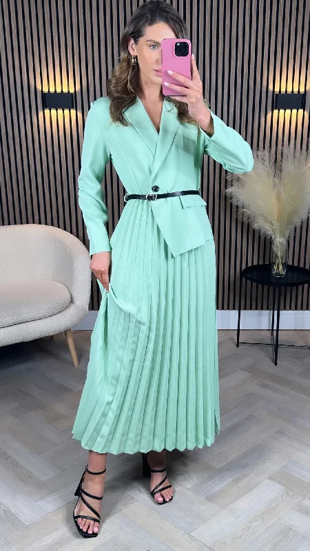 Off-shoulder sundress-Larissa Light Green Blazer Top Pleated Midi Dress