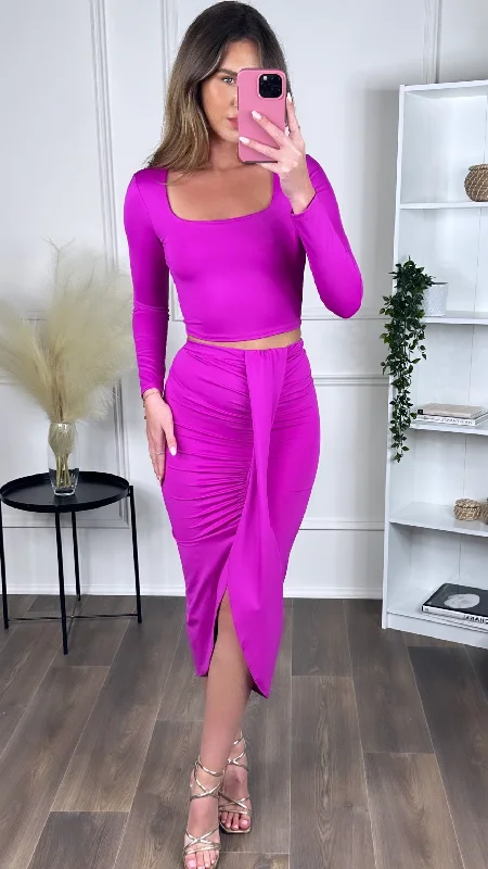 Glitter party dress-Leona Fuchsia Crop Top & Midi Skirt Co Ord