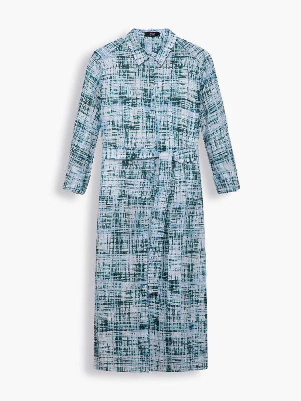 Smocked cocktail dress-Linen Midi Shirt Dress in Foliage Green Abstract Print