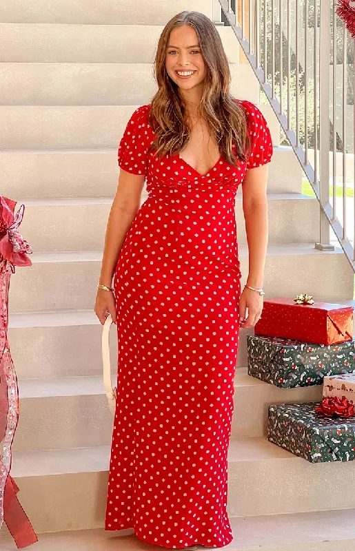 Short sleeve skater dress-Lovella Red Polka Dot Maxi Dress