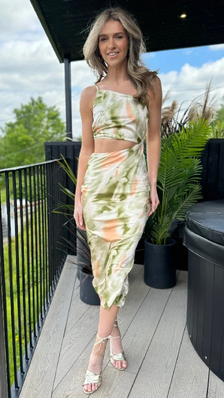 Chiffon floral dress-Luna Green & Orange Multi Marble Print Asymmetric Cut Out Midi Dress