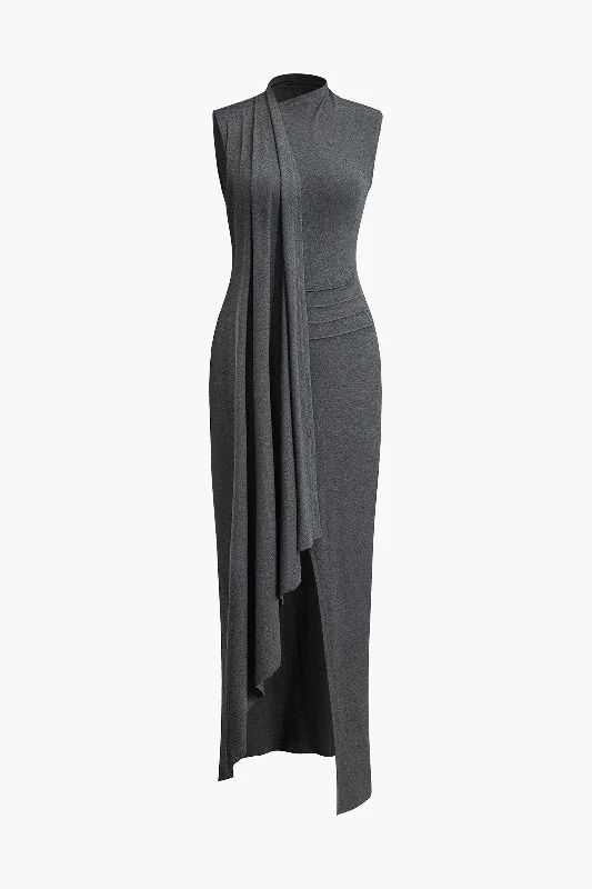 Lace-edged maxi dress-Wrap Slit Mock Neck Sleeveless Maxi Dress