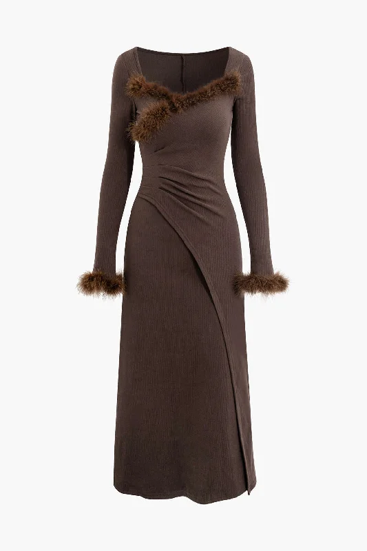 Bodycon velvet dress-Faux Fur Trim Wrap Ruched Pleated Midi Dress