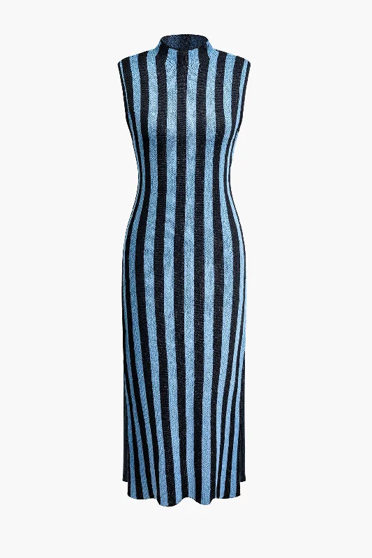 Backless prom dress-Vertical Stripe Mock Neck Knit Slit Sleeveless Midi Dress