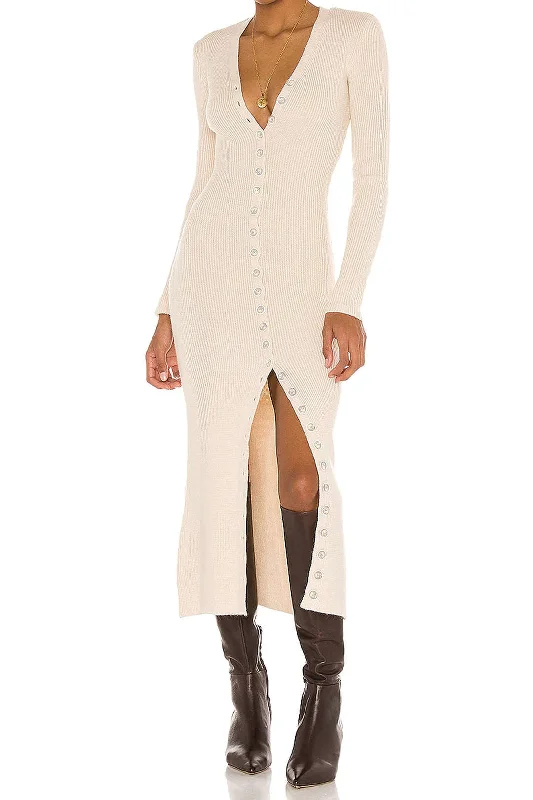 Ruched sundress-V-neck Button Up Rib Knit Long Sleeve Slit Midi Dress