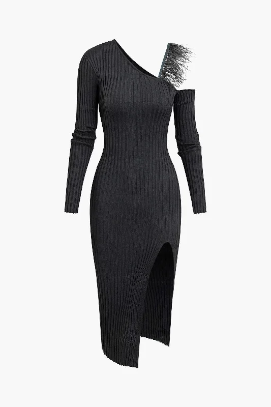 Ruffled cocktail dress-Asymmetrical Feather Detail Long Sleeve Slit Knit Midi Dress