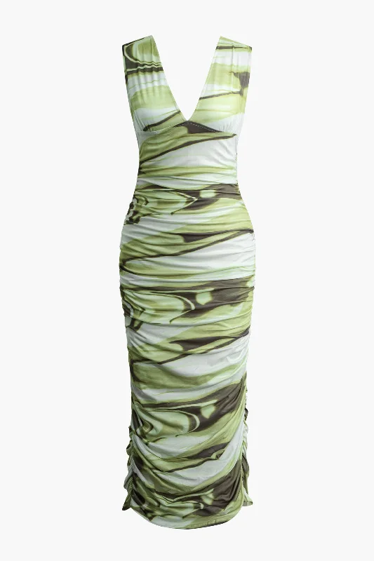 Halter neck sundress-Abstract Print V-neck Ruched Tank Maxi Dress