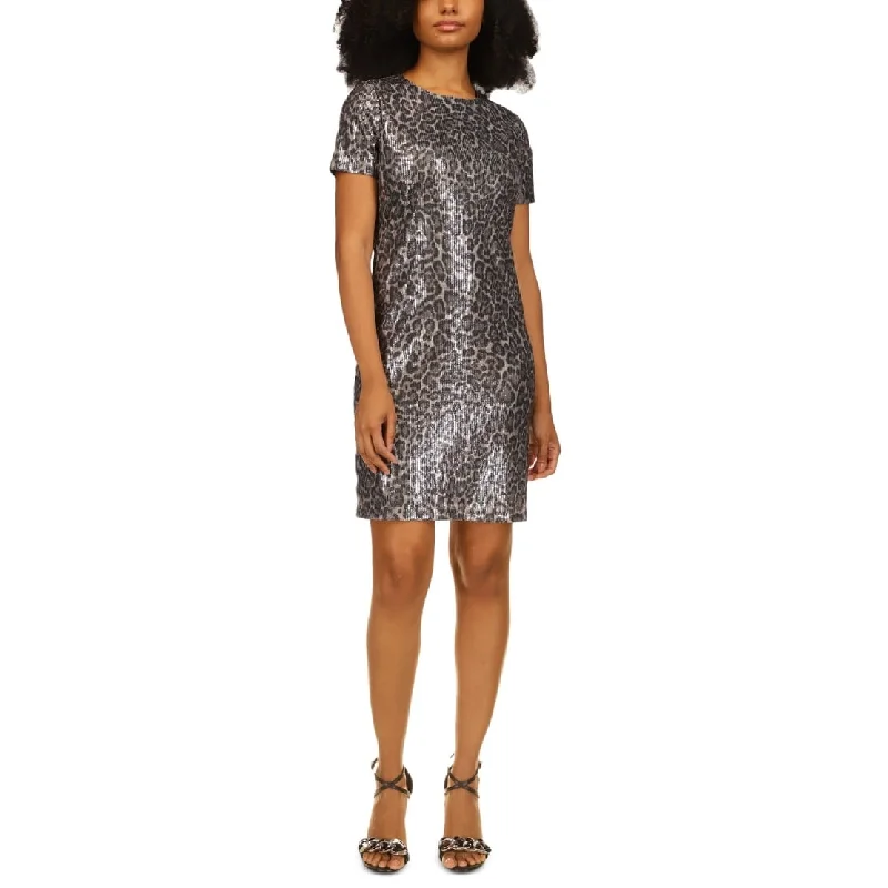 Short sleeve party dress-Michael Kors Women's Sequin Cheetah T-Shirt Dress Gray Size Large