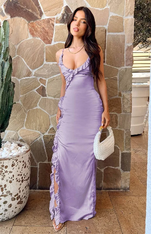 Polka dot cocktail dress-Nahanee Lilac Satin Ruffle Maxi Dress