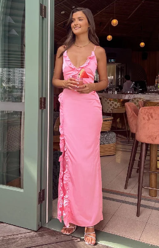 Ruffled cocktail dress-Nahanee Pink Satin Ruffle Maxi Dress