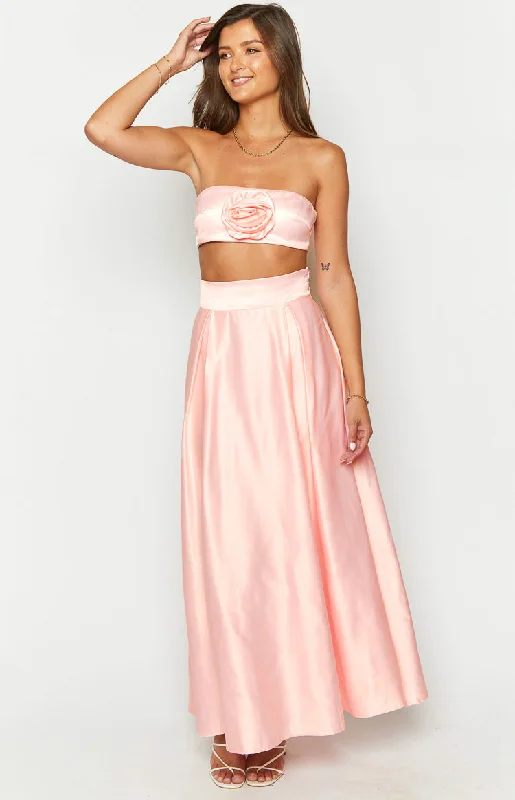 Short sleeve cocktail dress-Nakiyah Pink Satin High Waisted Maxi Skirt