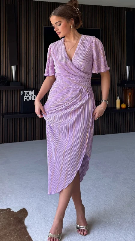 V-neck cocktail dress-Natalie Lilac Metallic Angel Sleeve Wrap Midi Dress