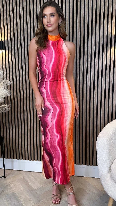 One-shoulder sundress-Nicole Fuchsia & Orange Tie Dye Printed Halterneck Midi Dress