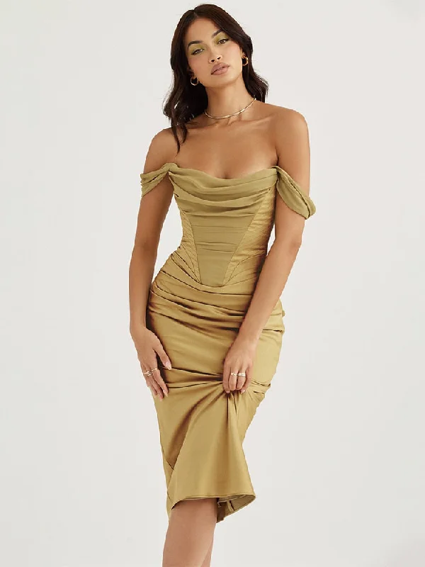 Pleated party dress-BerriesJam - Off Shoulder Elegant Draped Neck Satin Midi Dress