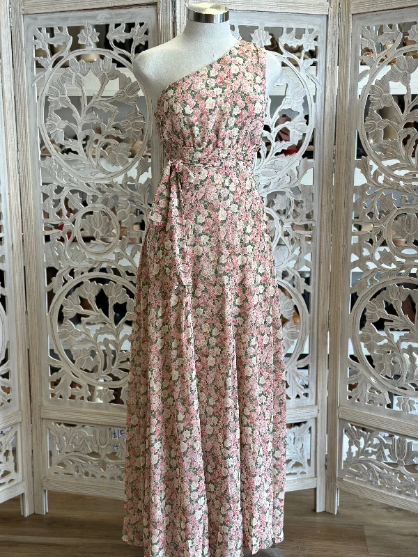 Striped linen dress-One Sleeve Pink Floral Maxi Dress- Not Stretchy