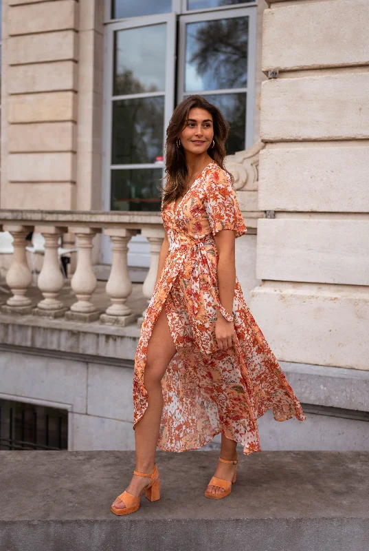 White chiffon dress-Orange Floral Leidi Dress