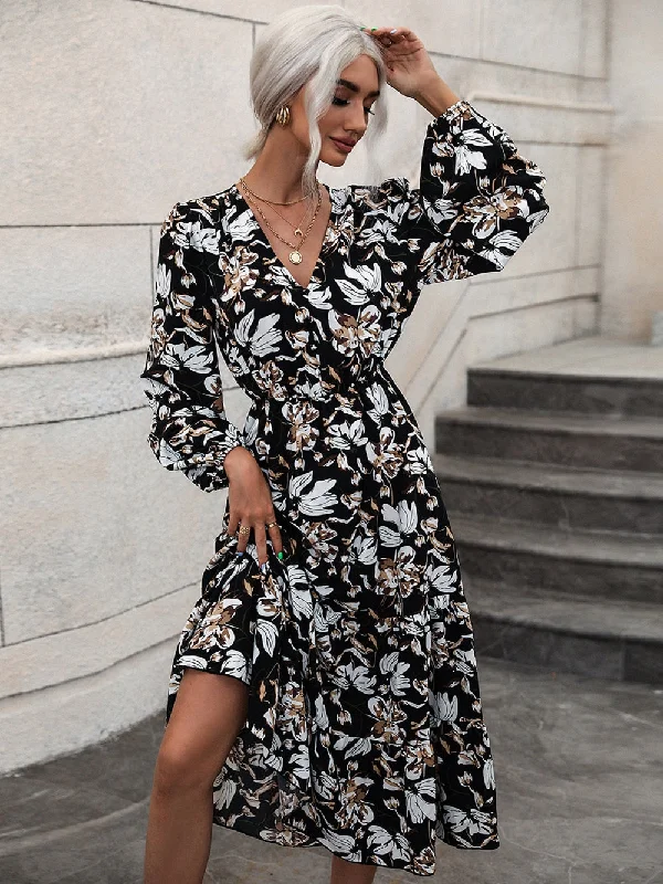 One-shoulder sundress-BerriesJam - Puff Sleeve Swing Floral Printed Midi Dress