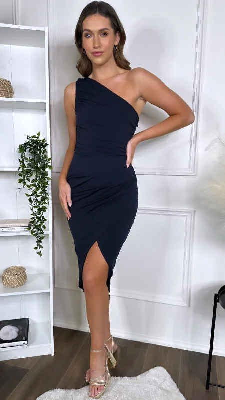 Velvet party dress-Rochelle Navy One Shoulder Draped Wrap Skirt Midi Dress