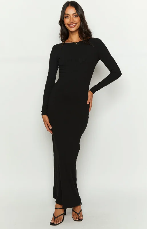 Long sleeve velvet dress-Romilly Black Long Sleeve Maxi Dress