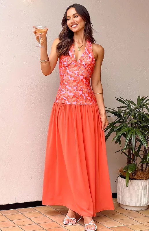 Pleated sundress-Roxanne Orange Floral Maxi Dress