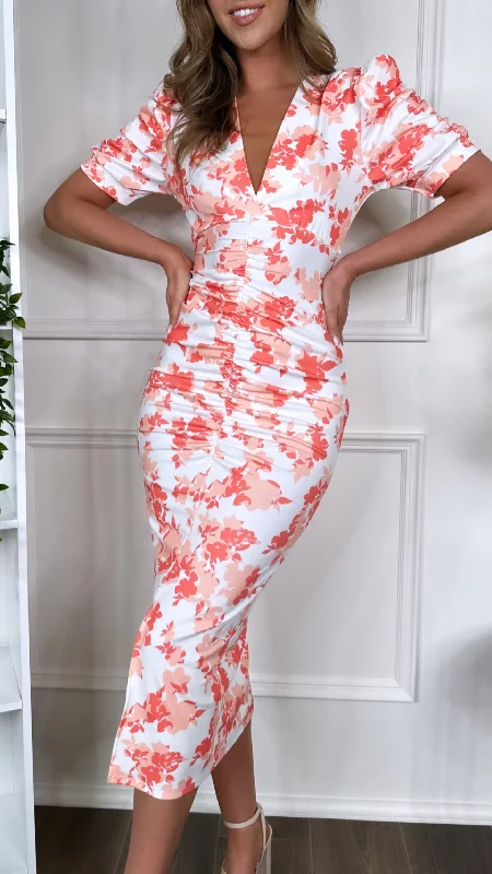 Floral cocktail dress-Sabina White & Orange Short Sleeve Ruched Midi Dress