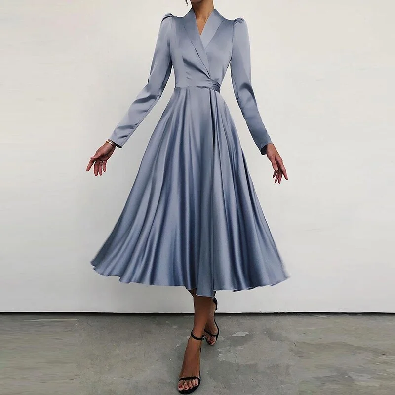 Off-shoulder cocktail dress-BerriesJam - Satin Solid Color V-Neck Long Sleeve Draped Midi Dress