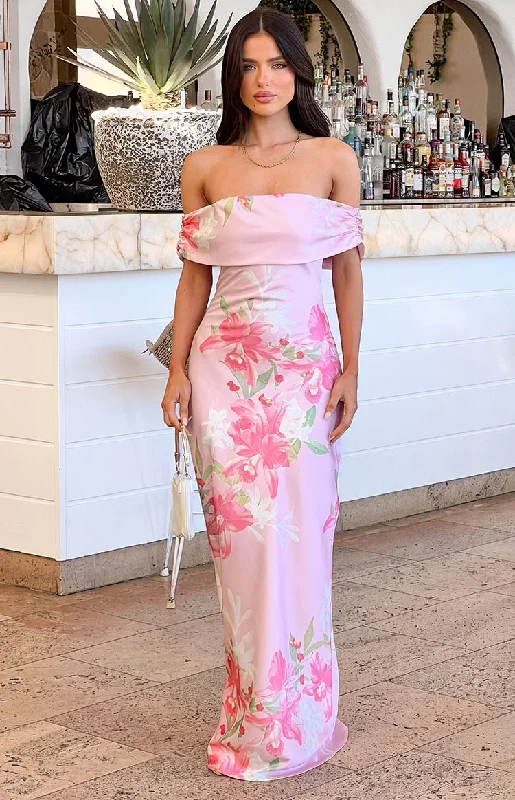 Satin party dress-Seraphina Pink Floral Print Off The Shoulder Maxi Dress