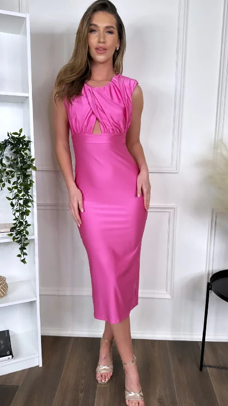 Smocked cocktail dress-Starla Pink Ruched Cut Out Midi Dress