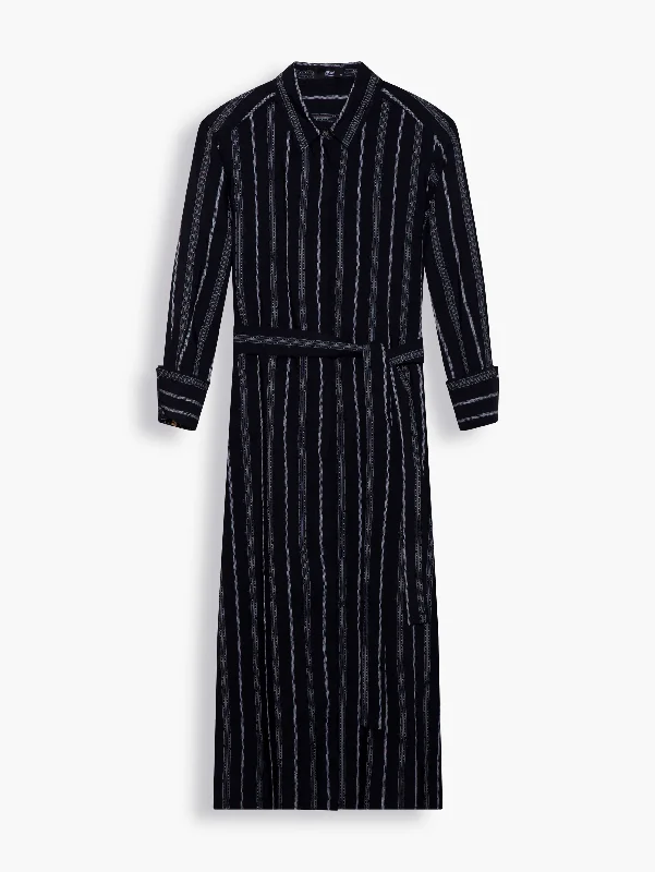 Pleated cocktail dress-Midi Shirt Dress in Black Stripe