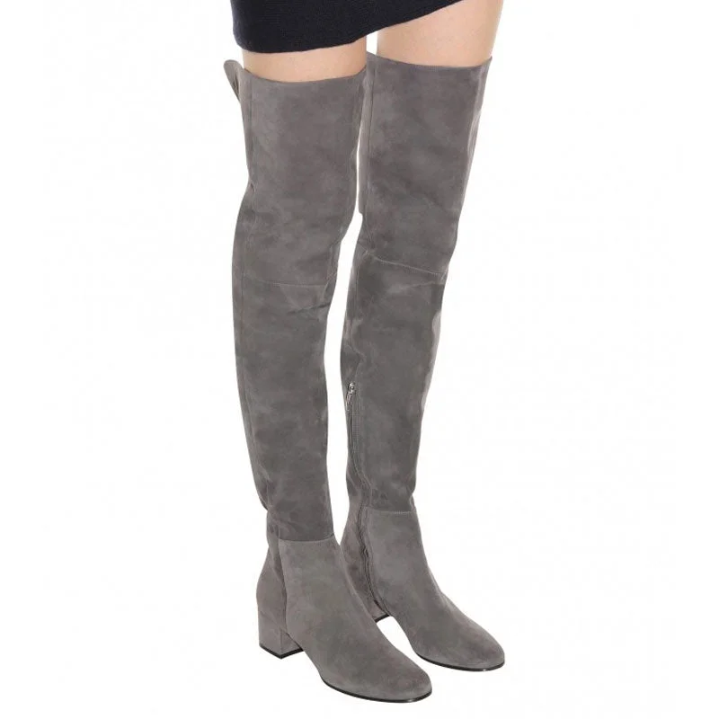 Women's leather ankle boots-Stylish Round Toe Low Block Heeled Suede Over Knee Boots - Grey