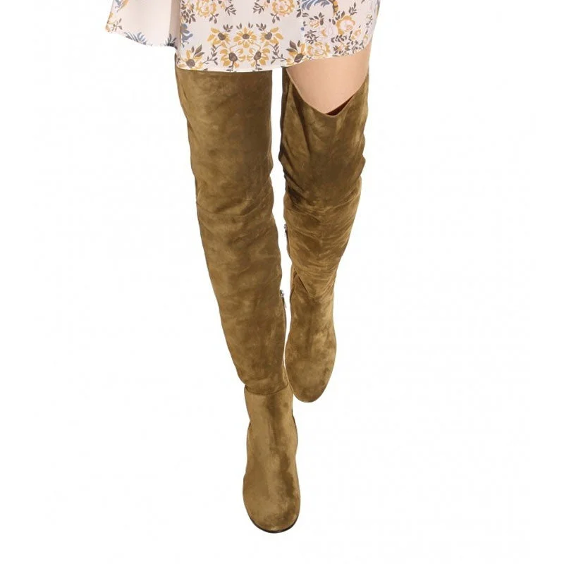 Women's running shoes sale-Stylish Round Toe Low Block Heeled Suede Over Knee Boots - Khaki