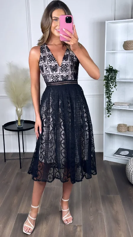 Corset party dress-Tamera Black Crochet Detailing Midi Dress