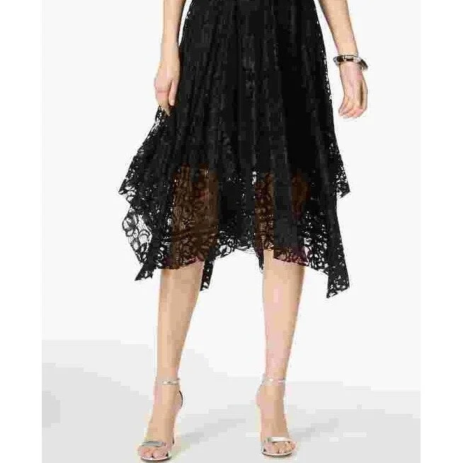 One-shoulder cocktail dress-Taylor Women's Printed Lace Handkerchief Hem Dress Black Size 8