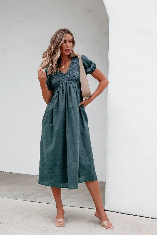 Long sleeve cocktail dress-Teal Puff Sleeve Textured Midi Dress - FINAL SALE