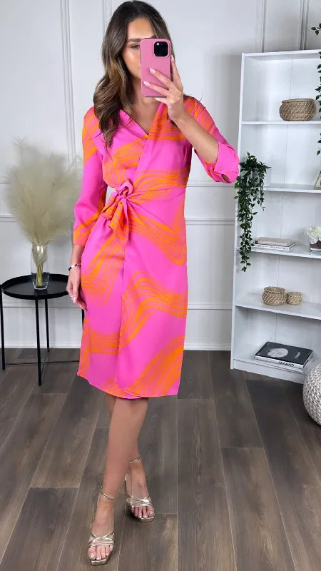 Tiered cocktail dress-Tilly Orange & Pink Midi Wrap Dress